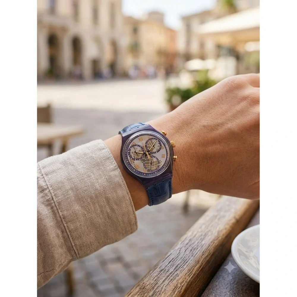 Swatch Chrono Grand Prix SCB109 Vintage Blue Leather Swiss Quartz Watch NEW